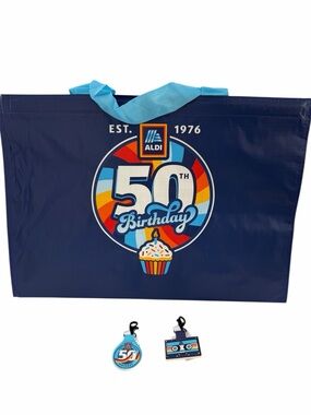 ALDI 50th Birthday Reusable Tote Bag and 2 Keychain Quarter Holder